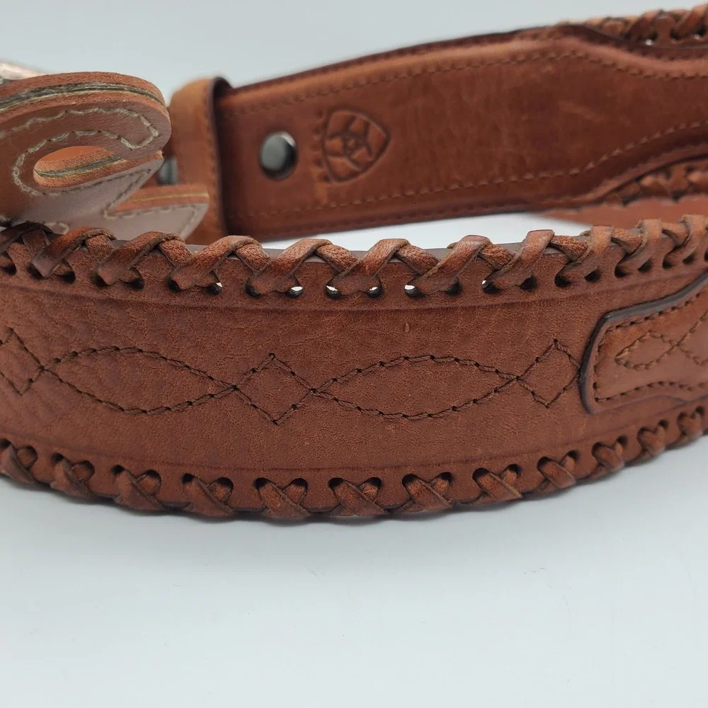 Ariat Brown Leather Belt 42 Western Silver Tone Buckle Whip Stitch Baxter Black